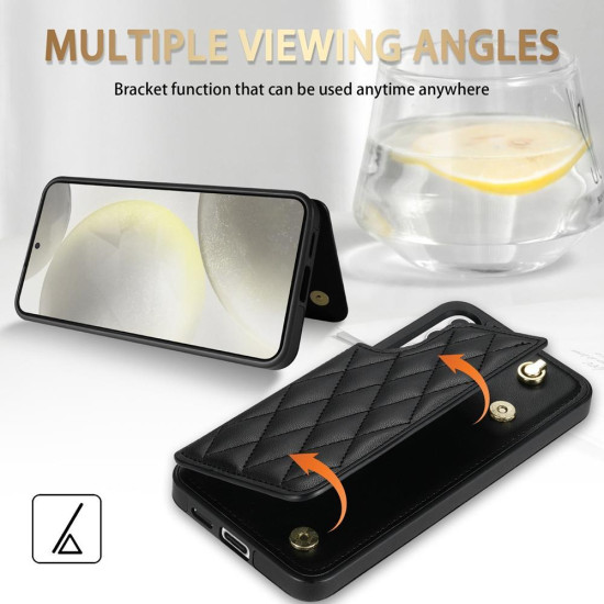 For Samsung Galaxy S24+ 5G Rhombic Dual Buckle Card Slots Phone Case with Lanyard(Black)