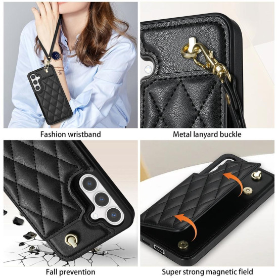 For Samsung Galaxy S24+ 5G Rhombic Dual Buckle Card Slots Phone Case with Lanyard(Black)