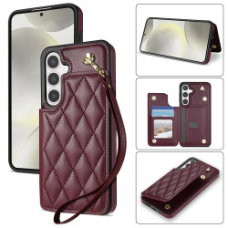 For Samsung Galaxy S24+ 5G Rhombic Dual Buckle Card Slots Phone Case with Lanyard(Wine Red)