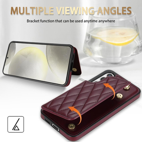 For Samsung Galaxy S24+ 5G Rhombic Dual Buckle Card Slots Phone Case with Lanyard(Wine Red)