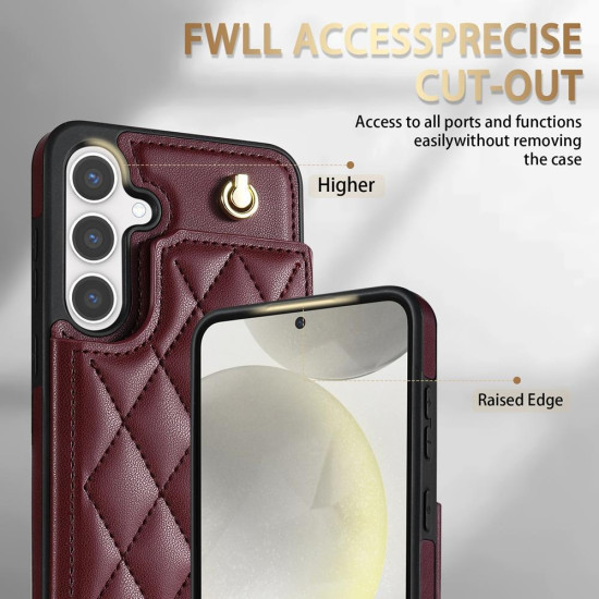 For Samsung Galaxy S24+ 5G Rhombic Dual Buckle Card Slots Phone Case with Lanyard(Wine Red)