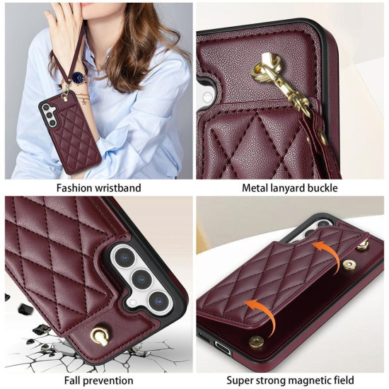 For Samsung Galaxy S24+ 5G Rhombic Dual Buckle Card Slots Phone Case with Lanyard(Wine Red)