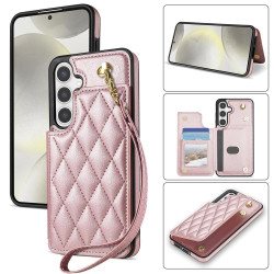 For Samsung Galaxy S24+ 5G Rhombic Dual Buckle Card Slots Phone Case with Lanyard(Rose Gold)
