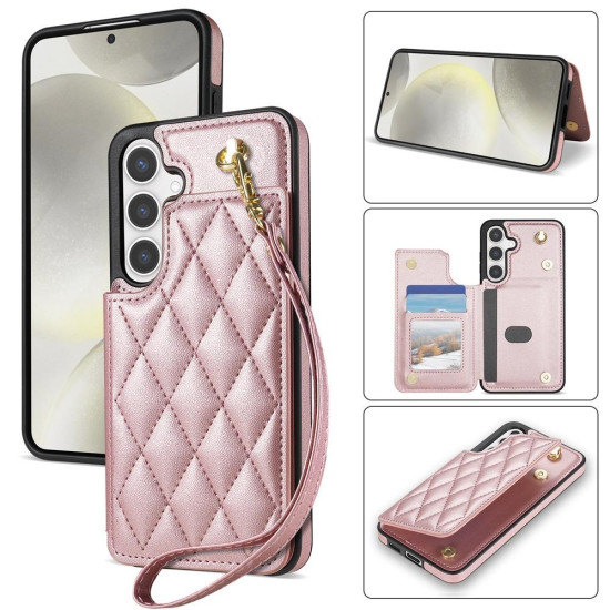 For Samsung Galaxy S24+ 5G Rhombic Dual Buckle Card Slots Phone Case with Lanyard(Rose Gold)