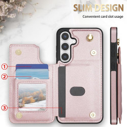 For Samsung Galaxy S24+ 5G Rhombic Dual Buckle Card Slots Phone Case with Lanyard(Rose Gold)
