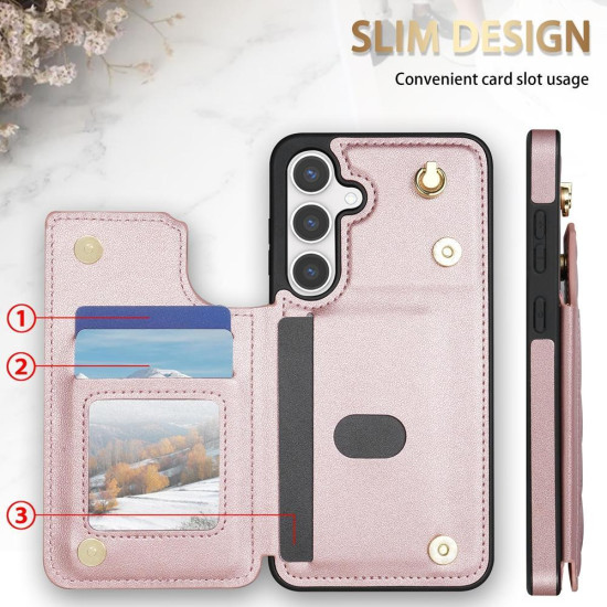 For Samsung Galaxy S24+ 5G Rhombic Dual Buckle Card Slots Phone Case with Lanyard(Rose Gold)