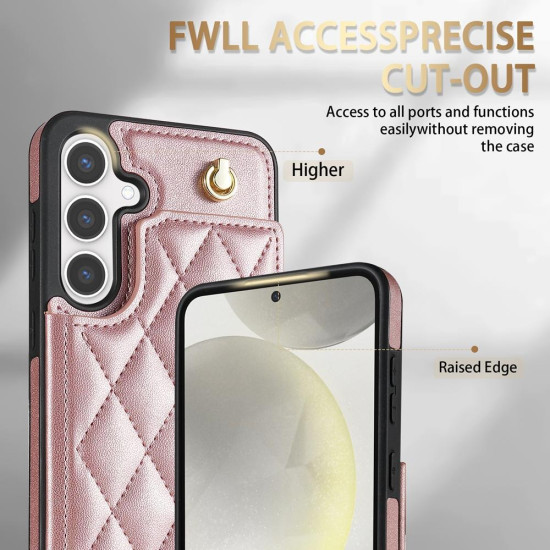 For Samsung Galaxy S24+ 5G Rhombic Dual Buckle Card Slots Phone Case with Lanyard(Rose Gold)