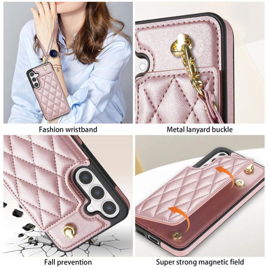 For Samsung Galaxy S24+ 5G Rhombic Dual Buckle Card Slots Phone Case with Lanyard(Rose Gold)