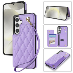 For Samsung Galaxy S24+ 5G Rhombic Dual Buckle Card Slots Phone Case with Lanyard(Purple)