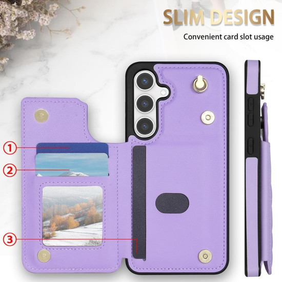 For Samsung Galaxy S24+ 5G Rhombic Dual Buckle Card Slots Phone Case with Lanyard(Purple)