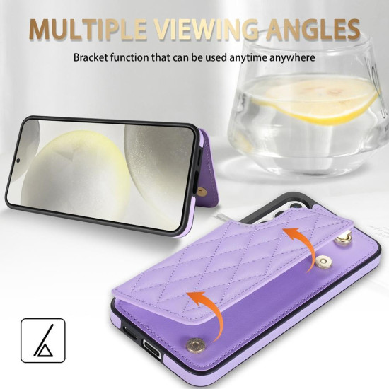 For Samsung Galaxy S24+ 5G Rhombic Dual Buckle Card Slots Phone Case with Lanyard(Purple)