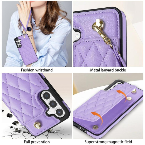 For Samsung Galaxy S24+ 5G Rhombic Dual Buckle Card Slots Phone Case with Lanyard(Purple)