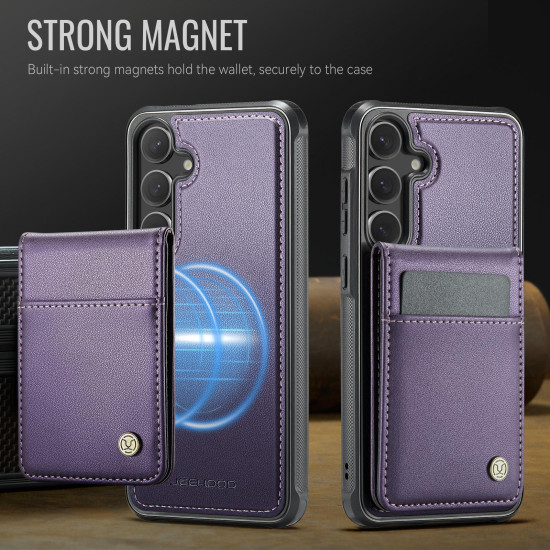 For Samsung Galaxy S24+ 5G JEEHOOD J06 British Style RFID MagSafe Card Bag PU Phone Case(Purple)