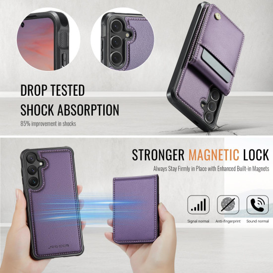 For Samsung Galaxy S24+ 5G JEEHOOD J06 British Style RFID MagSafe Card Bag PU Phone Case(Purple)