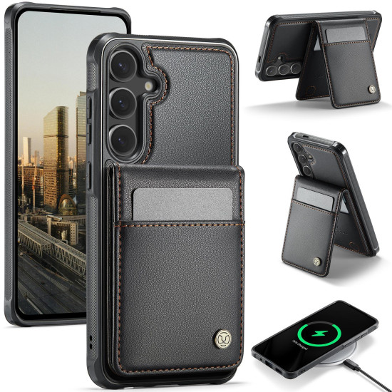 For Samsung Galaxy S24+ 5G JEEHOOD J06 British Style RFID MagSafe Card Bag PU Phone Case(Black)