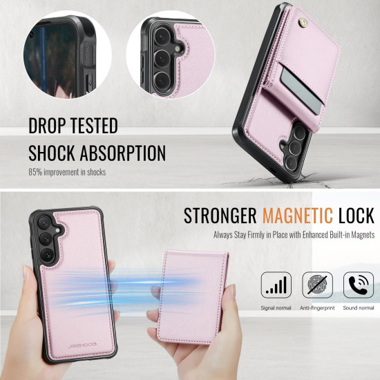 For Samsung Galaxy S24+ 5G JEEHOOD J06 British Style RFID MagSafe Card Bag PU Phone Case(Pink)