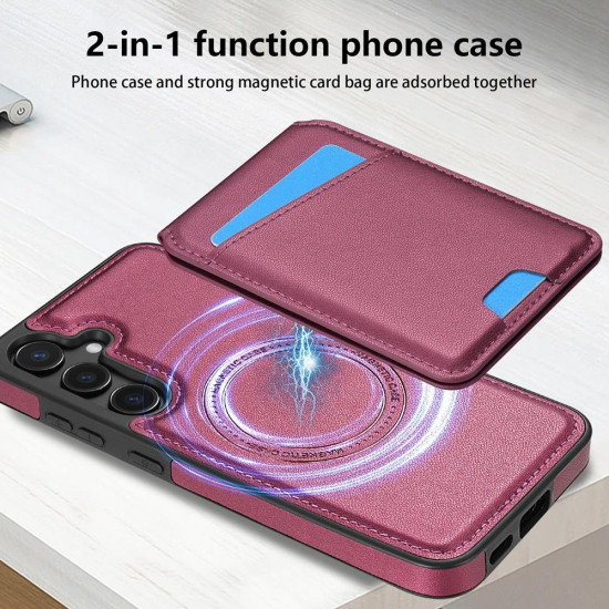 For Samsung Galaxy S24+ 5G Skin Feel Detachable Card Bag Magsafe Phone Case(Wine Red)