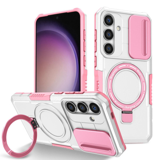 For Samsung Galaxy S24+ 5G Sliding Camshield MagSafe Holder TPU Hybrid PC Phone Case(Pink White)
