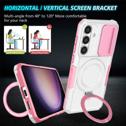 For Samsung Galaxy S24+ 5G Sliding Camshield MagSafe Holder TPU Hybrid PC Phone Case(Pink White)
