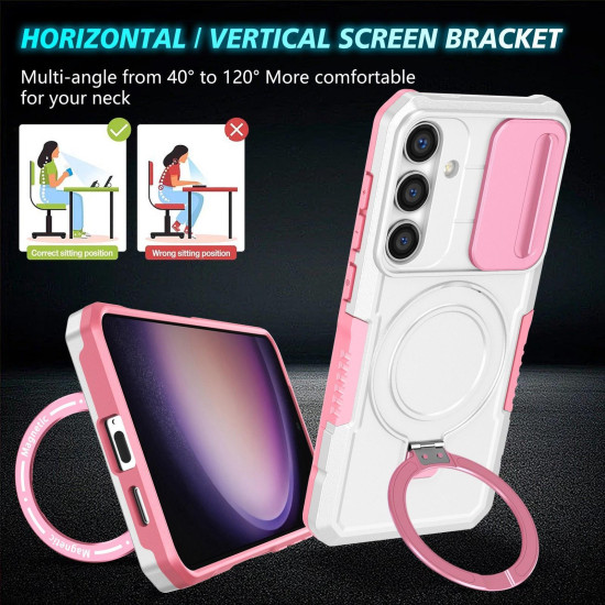 For Samsung Galaxy S24+ 5G Sliding Camshield MagSafe Holder TPU Hybrid PC Phone Case(Pink White)