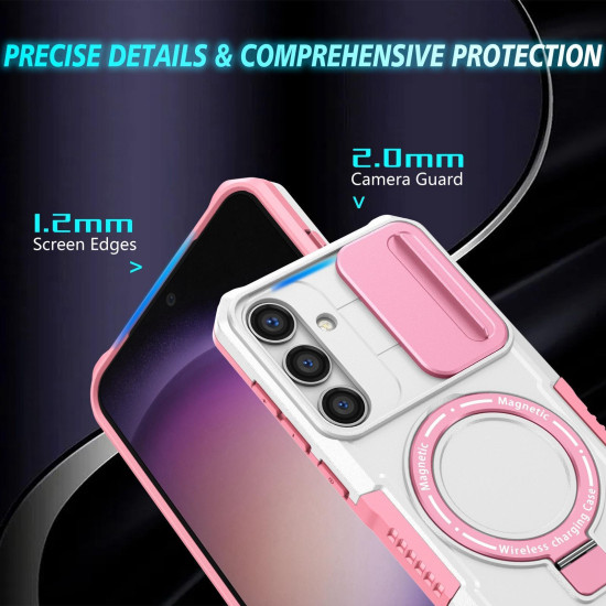 For Samsung Galaxy S24+ 5G Sliding Camshield MagSafe Holder TPU Hybrid PC Phone Case(Pink White)