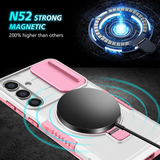 For Samsung Galaxy S24+ 5G Sliding Camshield MagSafe Holder TPU Hybrid PC Phone Case(Pink White)
