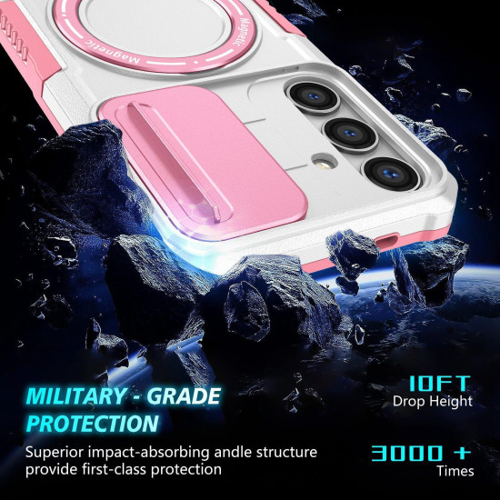 For Samsung Galaxy S24+ 5G Sliding Camshield MagSafe Holder TPU Hybrid PC Phone Case(Pink White)