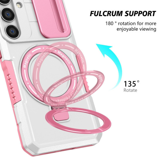 For Samsung Galaxy S24+ 5G Sliding Camshield MagSafe Holder TPU Hybrid PC Phone Case(Pink White)