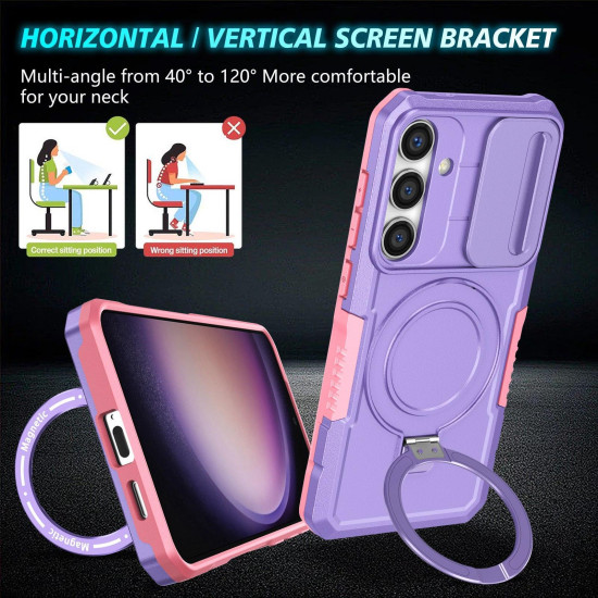For Samsung Galaxy S24+ 5G Sliding Camshield MagSafe Holder TPU Hybrid PC Phone Case(Pink Purple)