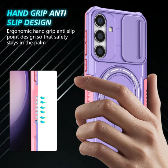 For Samsung Galaxy S24+ 5G Sliding Camshield MagSafe Holder TPU Hybrid PC Phone Case(Pink Purple)