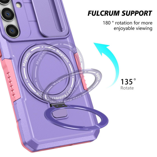 For Samsung Galaxy S24+ 5G Sliding Camshield MagSafe Holder TPU Hybrid PC Phone Case(Pink Purple)