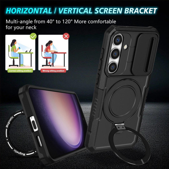 For Samsung Galaxy S24+ 5G Sliding Camshield MagSafe Holder TPU Hybrid PC Phone Case(Black)