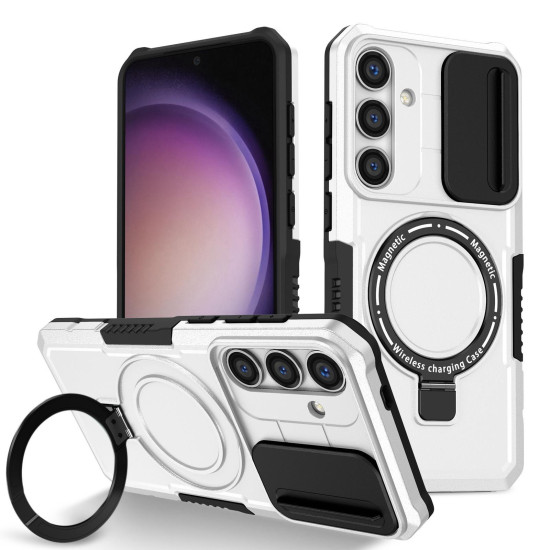 For Samsung Galaxy S24+ 5G Sliding Camshield MagSafe Holder TPU Hybrid PC Phone Case(Black White)