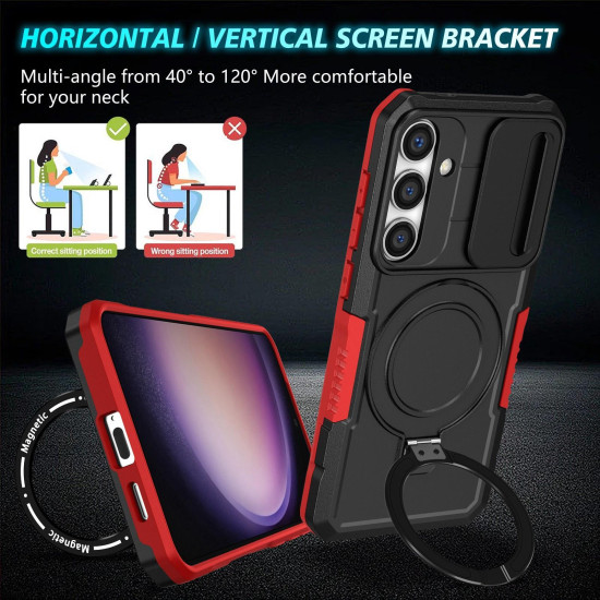 For Samsung Galaxy S24+ 5G Sliding Camshield MagSafe Holder TPU Hybrid PC Phone Case(Black Red)