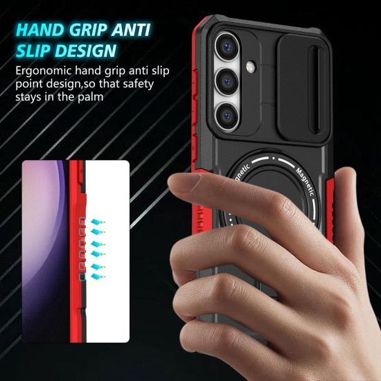 For Samsung Galaxy S24+ 5G Sliding Camshield MagSafe Holder TPU Hybrid PC Phone Case(Black Red)