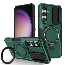 For Samsung Galaxy S24+ 5G Sliding Camshield MagSafe Holder TPU Hybrid PC Phone Case(Deep Green)