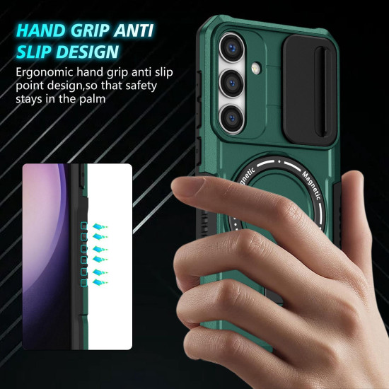 For Samsung Galaxy S24+ 5G Sliding Camshield MagSafe Holder TPU Hybrid PC Phone Case(Deep Green)
