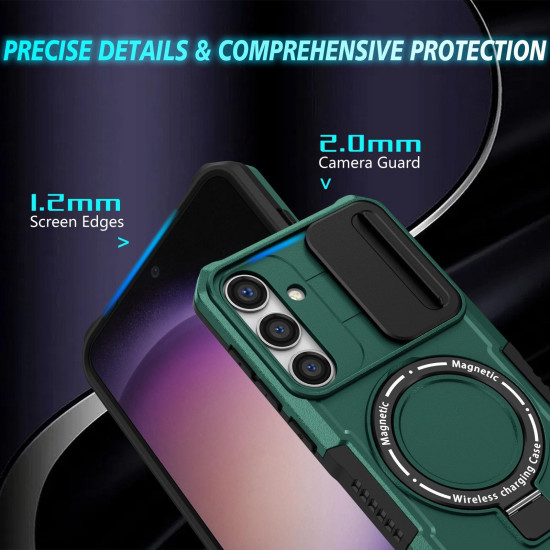 For Samsung Galaxy S24+ 5G Sliding Camshield MagSafe Holder TPU Hybrid PC Phone Case(Deep Green)