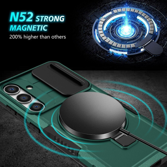 For Samsung Galaxy S24+ 5G Sliding Camshield MagSafe Holder TPU Hybrid PC Phone Case(Deep Green)