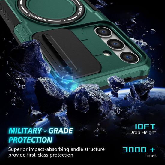 For Samsung Galaxy S24+ 5G Sliding Camshield MagSafe Holder TPU Hybrid PC Phone Case(Deep Green)