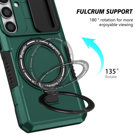 For Samsung Galaxy S24+ 5G Sliding Camshield MagSafe Holder TPU Hybrid PC Phone Case(Deep Green)