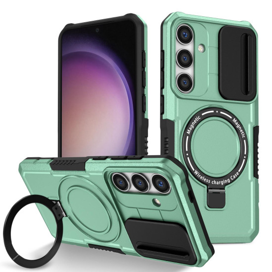 For Samsung Galaxy S24+ 5G Sliding Camshield MagSafe Holder TPU Hybrid PC Phone Case(Light Blue)