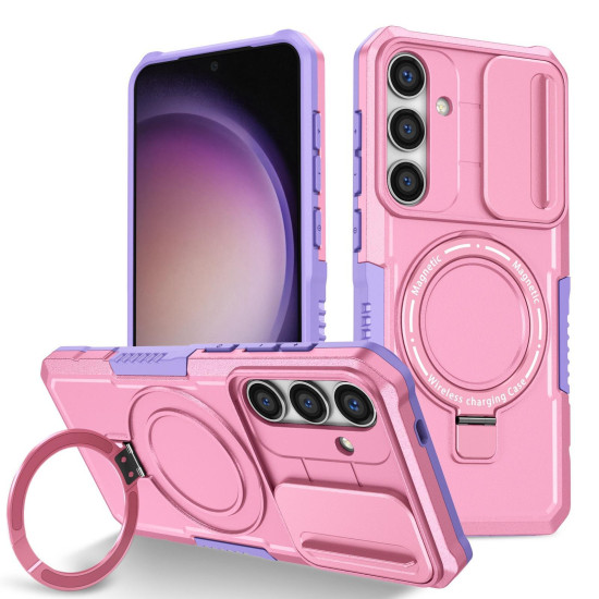 For Samsung Galaxy S24+ 5G Sliding Camshield MagSafe Holder TPU Hybrid PC Phone Case(Purple Pink)