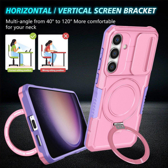 For Samsung Galaxy S24+ 5G Sliding Camshield MagSafe Holder TPU Hybrid PC Phone Case(Purple Pink)