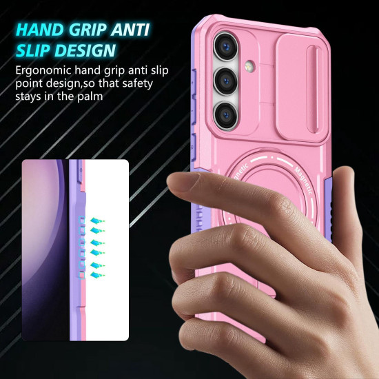 For Samsung Galaxy S24+ 5G Sliding Camshield MagSafe Holder TPU Hybrid PC Phone Case(Purple Pink)
