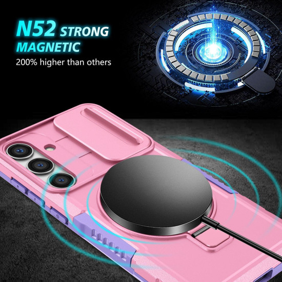 For Samsung Galaxy S24+ 5G Sliding Camshield MagSafe Holder TPU Hybrid PC Phone Case(Purple Pink)