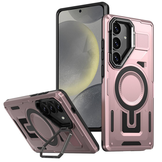 For Samsung Galaxy S24+ 5G Shield Hollow Frame Holder MagSafe Phone Case(Rose Gold)