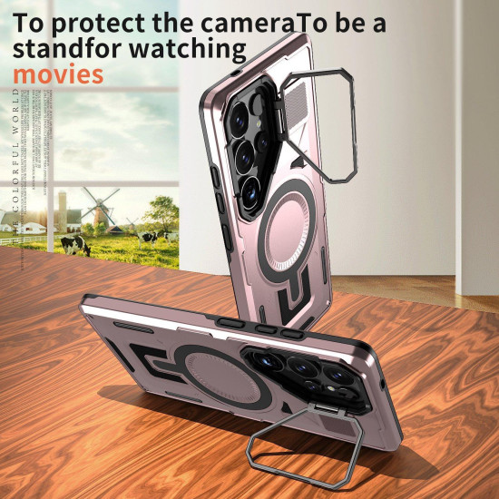 For Samsung Galaxy S24+ 5G Shield Hollow Frame Holder MagSafe Phone Case(Rose Gold)