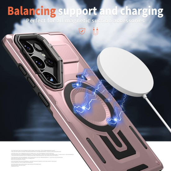 For Samsung Galaxy S24+ 5G Shield Hollow Frame Holder MagSafe Phone Case(Rose Gold)