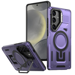For Samsung Galaxy S24+ 5G Shield Hollow Frame Holder MagSafe Phone Case(Purple)